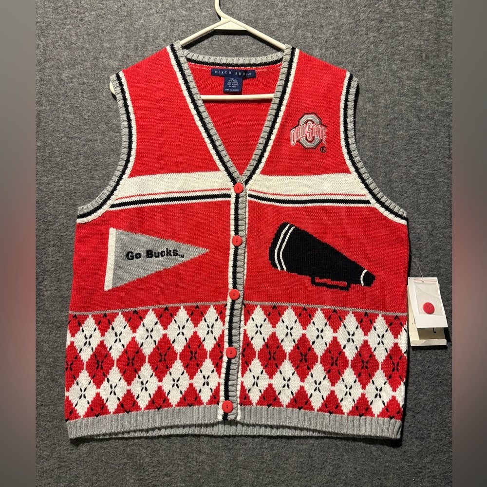 Ohio State Vtg Sweater Vest Women’s L red knit button up Birch Bros OSU Go Bucks